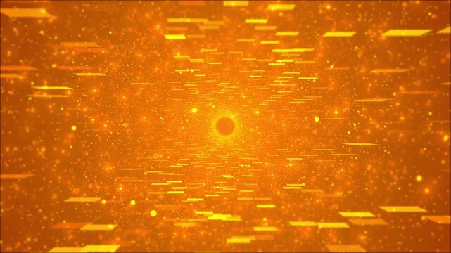 Orange digital tunnel background bright particles, floating rectangular blocks, glowing vortex.