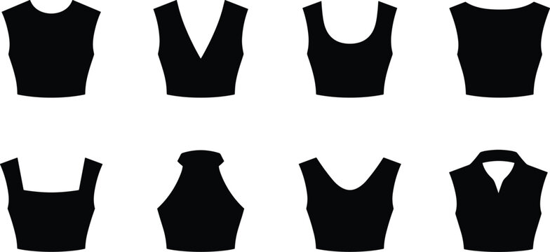Women Crop Top Neckline Styles Vector Icons Set Including V-Neck Scoop Neck And Halter Top