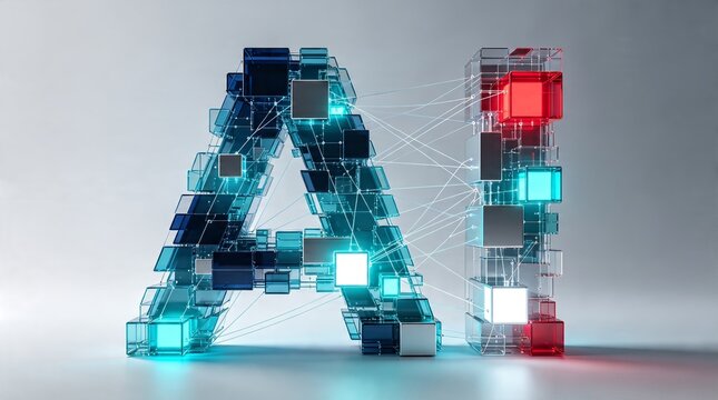  3D illustration of the letters AI constructed from glowing glass cubes and interconnected network lines on a clean gray background representing artificial intelligence and advanced digital technology