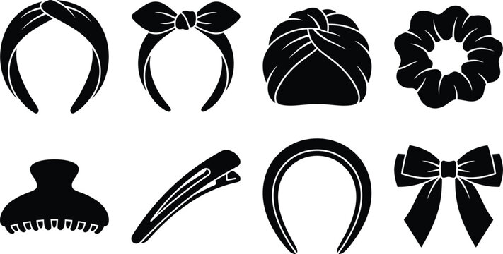 Women Hair Accessories Silhouette Icons Set Including Headband Scrunchie Hair Clip Bow And Turban Vector Illustration