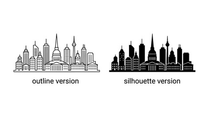 Obraz premium Cityscape Outline and Silhouette: A detailed outline and a solid silhouette of a modern cityscape, showcasing a variety of architectural styles from skyscrapers to historic buildings.