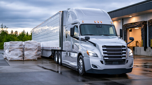 Large refrigerated semi truck docking at a distribution warehouse, wrapped pallets positioned near the loading entrance for cold storage transport, damp asphalt reflecting gray clouds, expansive com