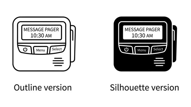 Pager Device and Message Display: Two pager devices are shown, one in outline and one in silhouette, displaying MESSAGE PAGER 10:30 AM on their screens.