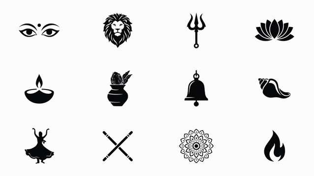 Elegant black and white symbolic icon collection with depicting symbolic motifs, showcases refined set, twelve high contrast, cultural representation