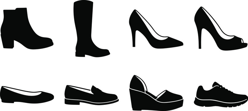 Women Shoe Styles And Footwear Types Vector Silhouette Icons Set Including Boots Heels And Sneakers