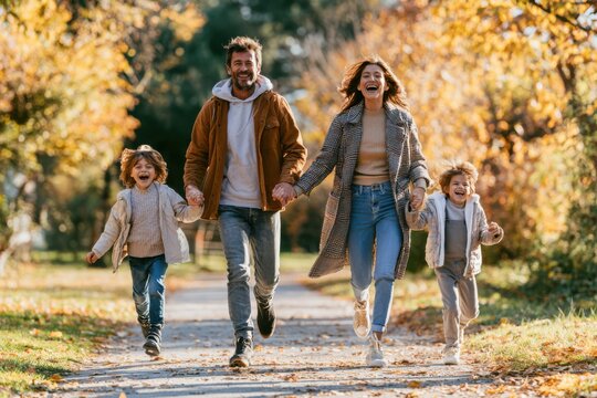 Happy Family Enjoying Autumn Walk in Beautiful Park