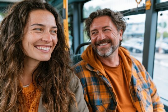 Cheerful Couple Enjoying Everyday Bus Commute