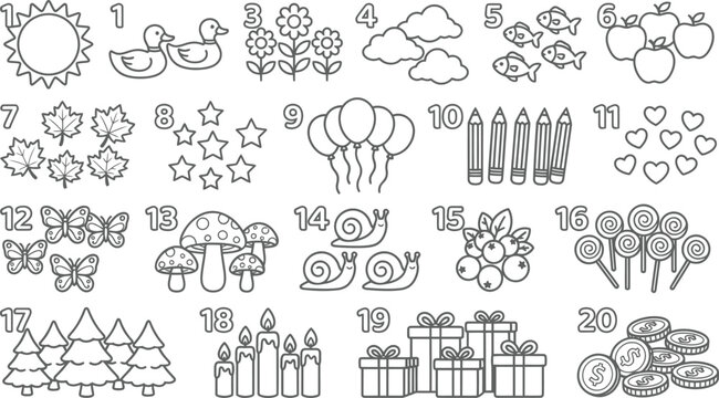 A collection of cute doodle illustrations for a coloring page vector book featuring a semlees pattern design with various objects for children to color