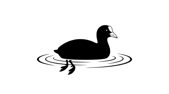 Black coot bird swimming on water ripples, simple silhouette illustration
