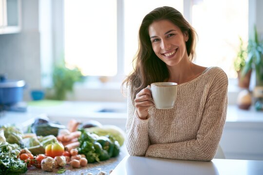 Woman Enjoying Coffee While Preparing Healthy Meal in Kitchen