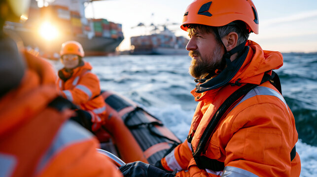 Port operations crew navigating an inflatable utility boat toward a large container ship under a brilliant sun, expansive ocean, modern logistics and maritime transportation theme, authentic industr