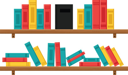 Wooden bookshelves with colorful books arranged neatly and leaning flat vector illustration isolated on a white background © MdJulfikar