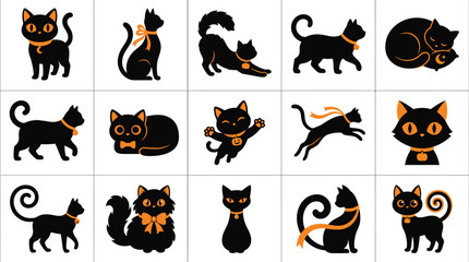 Obraz premium Set of cute cartoon black cats in various poses for halloween decorations and creative graphic design projects