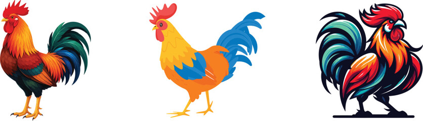 Rooster vectors set featuring realistic farm cockerel simple flat colorful chicken design and vibrant mascot style graphic isolated on white background templates. © shabbirahmed