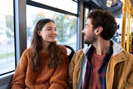 Romantic Couple Smiling During Bus Journey