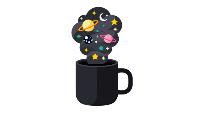 Black coffee mug with galaxy steam cloud.