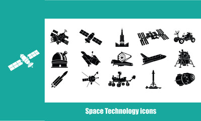 Space exploration black silhouettes icons set featuring satellites space station rockets rovers telescopes lander and shuttle vector illustration templates. © shabbirahmed