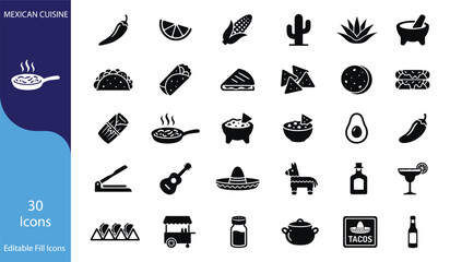 Obraz premium Set of 30 mexican traditional food and drink icons for culinary restaurant design with restaurant