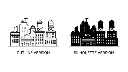 Obraz premium Cityscape Outline and Silhouette: Two graphic representations of a city skyline, one in outline and the other as a solid silhouette, showcasing urban architecture and water towers.