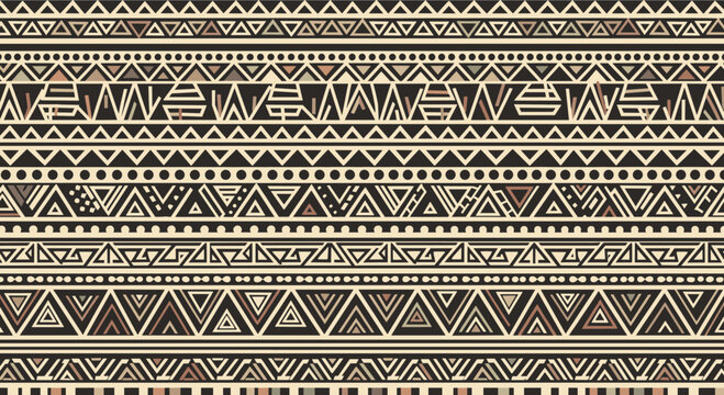 Ethnic tribal seamless pattern with traditional geometric ornaments and symbols in earthy terracotta and black.