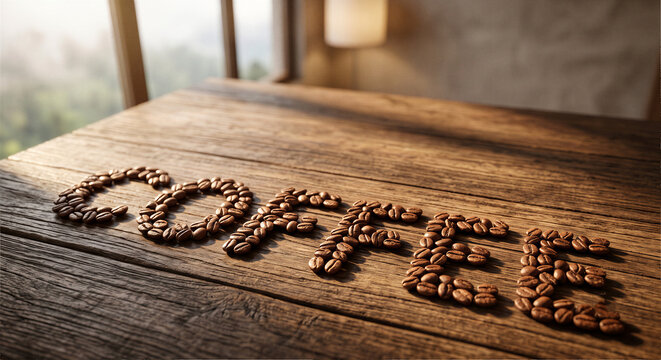 Coffee Beans Forming the Word COFFEE on Rustic Wooden Table | Fresh Roasted Coffee Concept