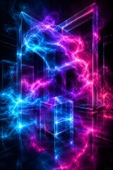 Naklejka premium Abstract glowing cubes and smoke-like energy streams in a futuristic, dark environment with vibrant blue and pink neon lighting