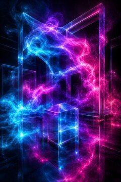 Abstract glowing cubes and smoke-like energy streams in a futuristic, dark environment with vibrant blue and pink neon lighting