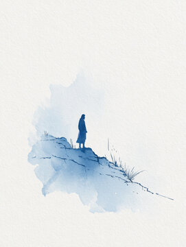 A serene spiritual figure in a minimalist blue watercolor sketch stands contemplatively on a tranquil hill.