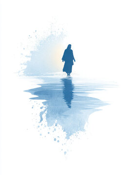 Minimalist watercolor art depicts the silhouette of Jesus walking serenely on calm, reflective water.