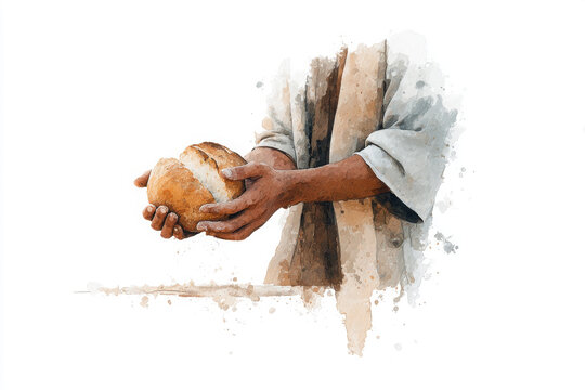 A minimalist watercolor painting depicts human hands reverently breaking a loaf of bread.