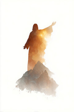 Minimalist Watercolor Silhouette of Jesus Radiating Serene Light Over Abstract Mountains.