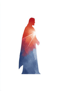 A stylized watercolor silhouette of Jesus Christ depicts a radiant heart, symbolizing spiritual light and divine love.