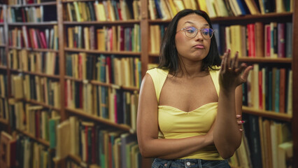 Woman with glasses touches chin and folds arms beside tall bookshelves in a building  skepticism curiosity. © Krakenimages.com