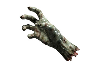Fototapeta premium Decaying zombie hand isolated on transparent background. Scary Halloween prop design element.
