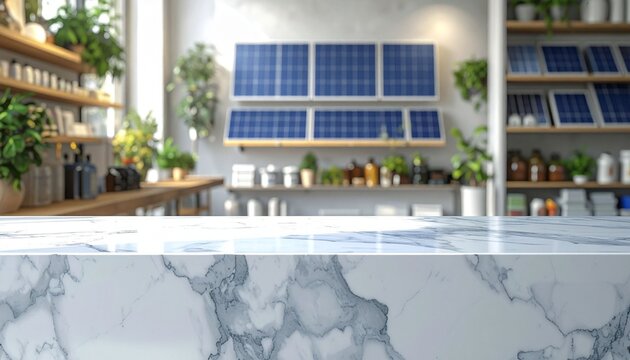 An empty white marble counter, with a blurred backdrop of shelves in a small shop selling solar panels and related equipment.