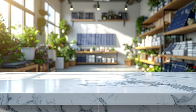 An empty white marble counter, with a blurred backdrop of shelves in a small shop selling solar panels and related equipment.