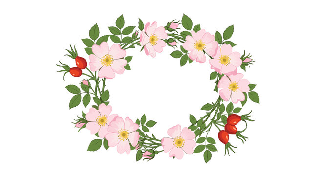 Botanical wreath with pink wild rose flowers and red berries isolated on white background for festive wedding design.