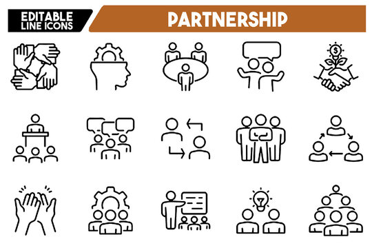 Partnership Icon Set. Collection of Collaboration line icons, including agreement, plan, teamwork, synergy, success and win-win solution, cooperative and more. Editable stroke. Vector Illustration.