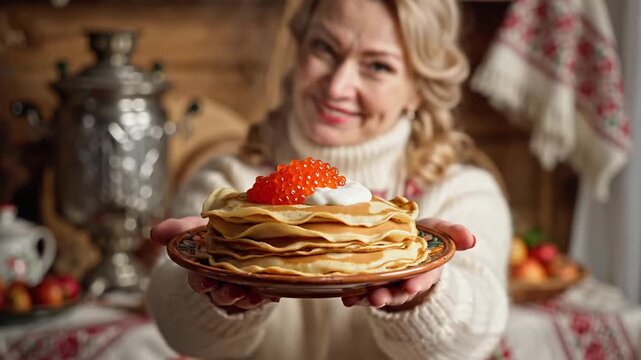 Woman holding blini with red caviar in traditional kitchen