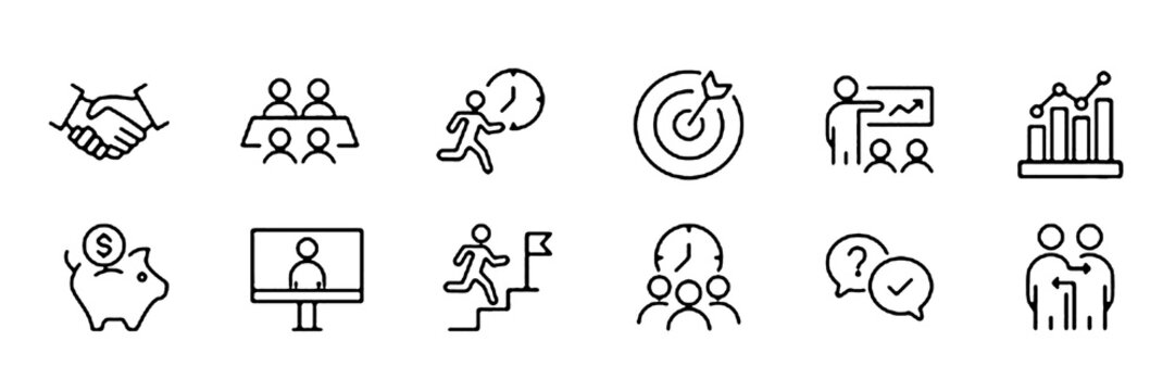 Business People icon set. Office and teamwork related line icons. manager, employee, meeting, leadership, handshake, corporate, communication, collaboration, success and more. Editable stroke.
