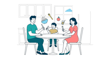 Fototapeta premium Mom dad son eat food at home in kitchen with joy and love every day