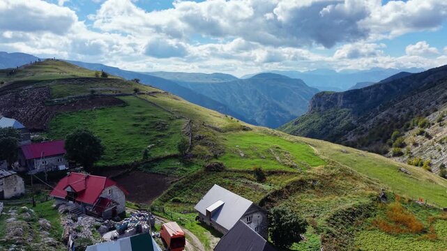 Aerial View of Traditional Mountain Village Lukomir with Steep Roof Houses