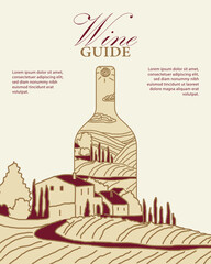 Obraz premium Wine tasting, guide banner with vineyard landscape, villa, and cypress trees inside the wine bottle. Elegance, line art