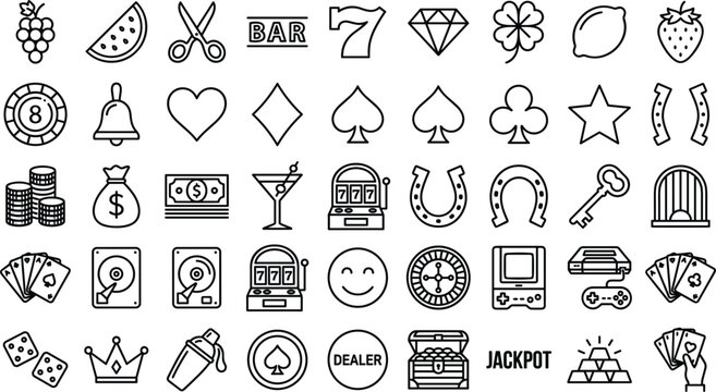 Casino gambling slot machine icons set linear elements vector illustration for website design gambling applications risk gaming