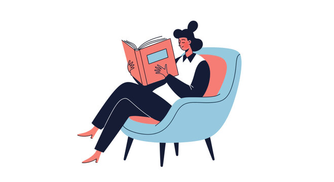 A girl sits in a chair to read a book with a pink cover at home
