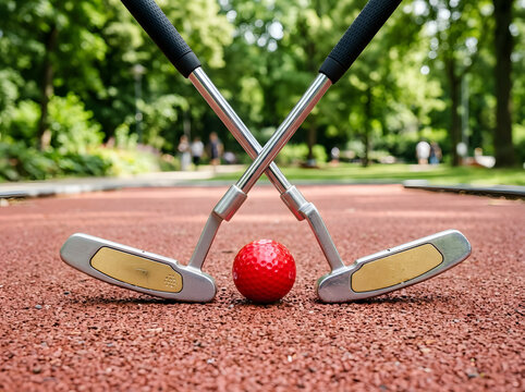 Crossed Mini Golf Putters with Red Ball | Outdoor Minigolf Course Game Close Up | Golf Clubs and Red Dimpled Ball | Leisure Activity and Fun Game