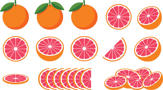 Flat vector illustration set of whole and sliced red grapefruit icons isolated on white background