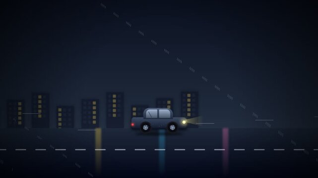 Pixel art car driving through a neon city at night during rain