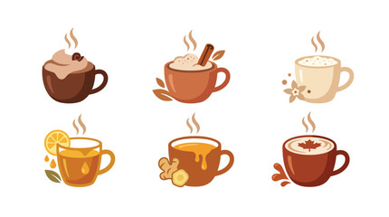 Fototapeta premium Cozy autumn drink set featuring maple leaf latte ginger tea and cinnamon cocoa flat icons