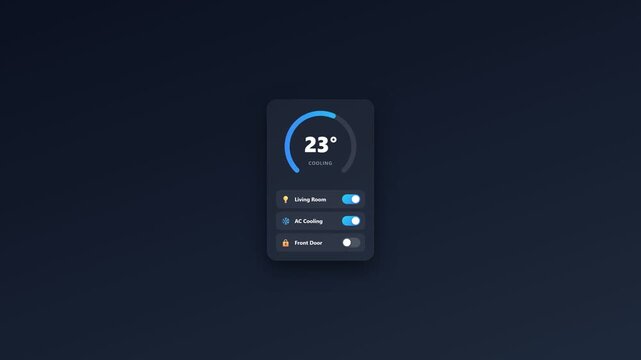 Smart home dashboard animation showing temperature and toggle control